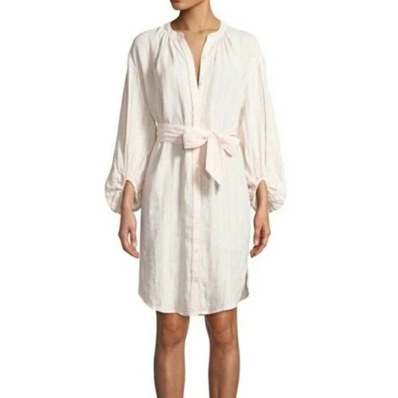 Joie Beatrissa Pink & White Striped Linen Belted Balloon Sleeve Shirt Dress - Picture 11 of 12